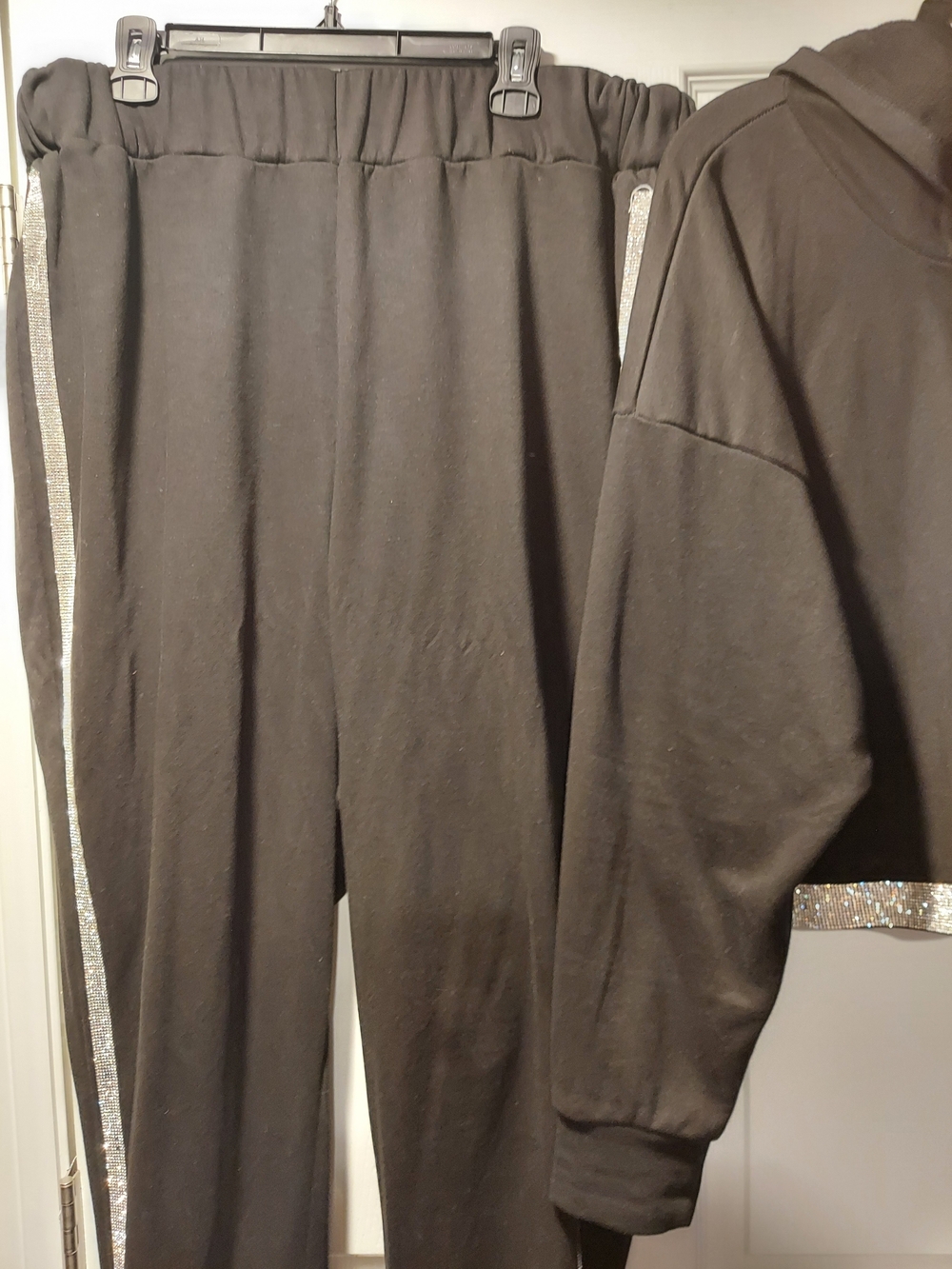 Jazzy ! Fashion to Figure Black Jogger Set with Silver Rhinestone Side Stripes.